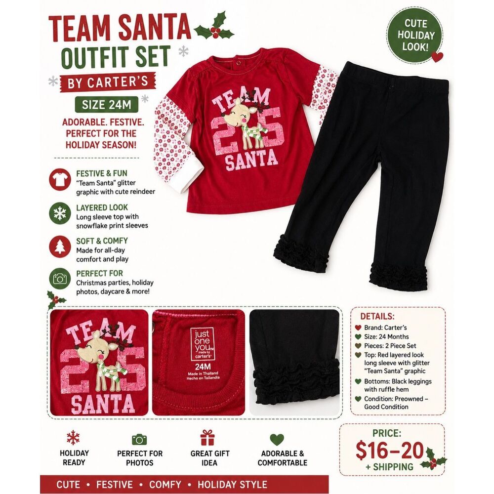 Carter’s Team Santa Christmas Outfit 24M Toddler Girl Holiday Set Cute